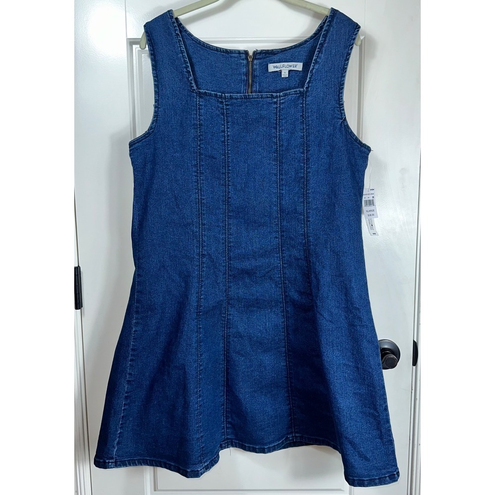 Wallflower Women's Denim A-Line Dress XL Indigo Blue Square Neck Sleeveless‎